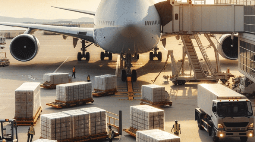 A-large-jet-plane-parked-at-an-airport-gate-with-cargo-being-loaded-daytime-clear-sky1